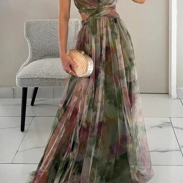 Robe de Plage Maxi Fluide Imprimé Aquarelle Chic