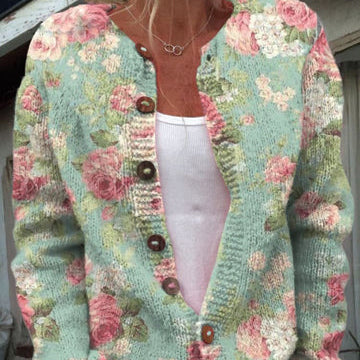 Cardigan Maille Fleurie Boutonné Coupe Décontractée Chic