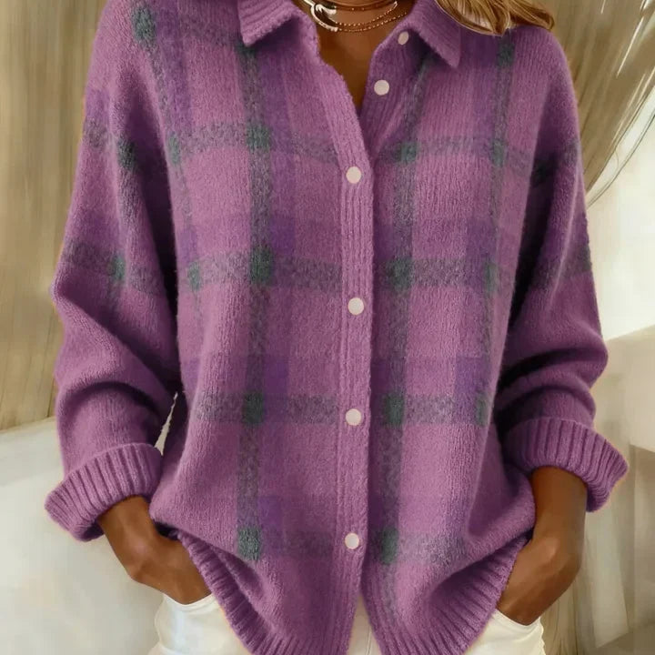 Pull femme à carreaux boutonné avec col