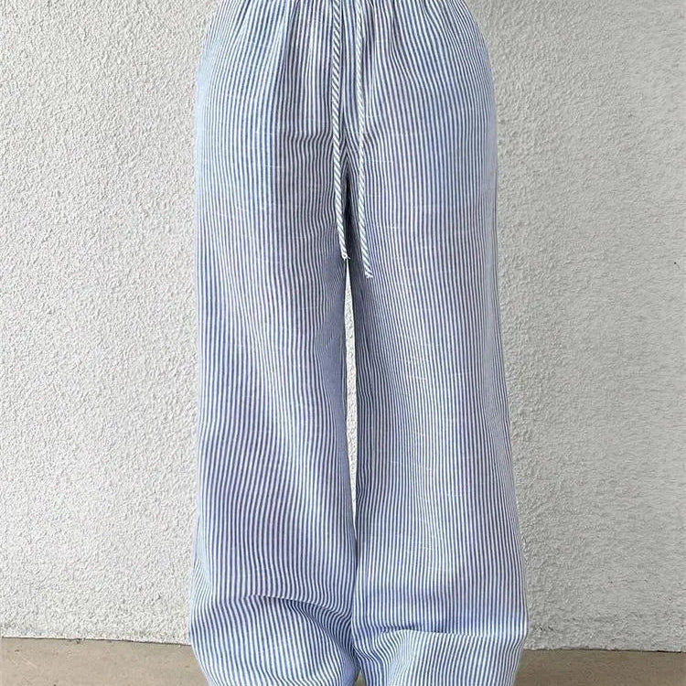 Pantalon Rayé Léger Taille Élastique Confort Été