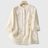 Blouse Brodée à Col Montant et Manches Trois-Quarts