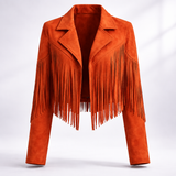 Veste courte en suédine à franges et col cranté