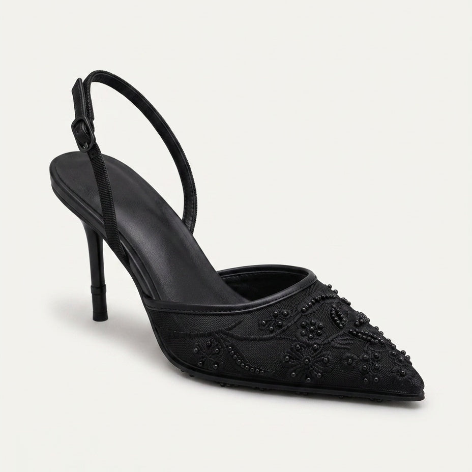 Slingbacks femme en mesh brodé à talon kitten