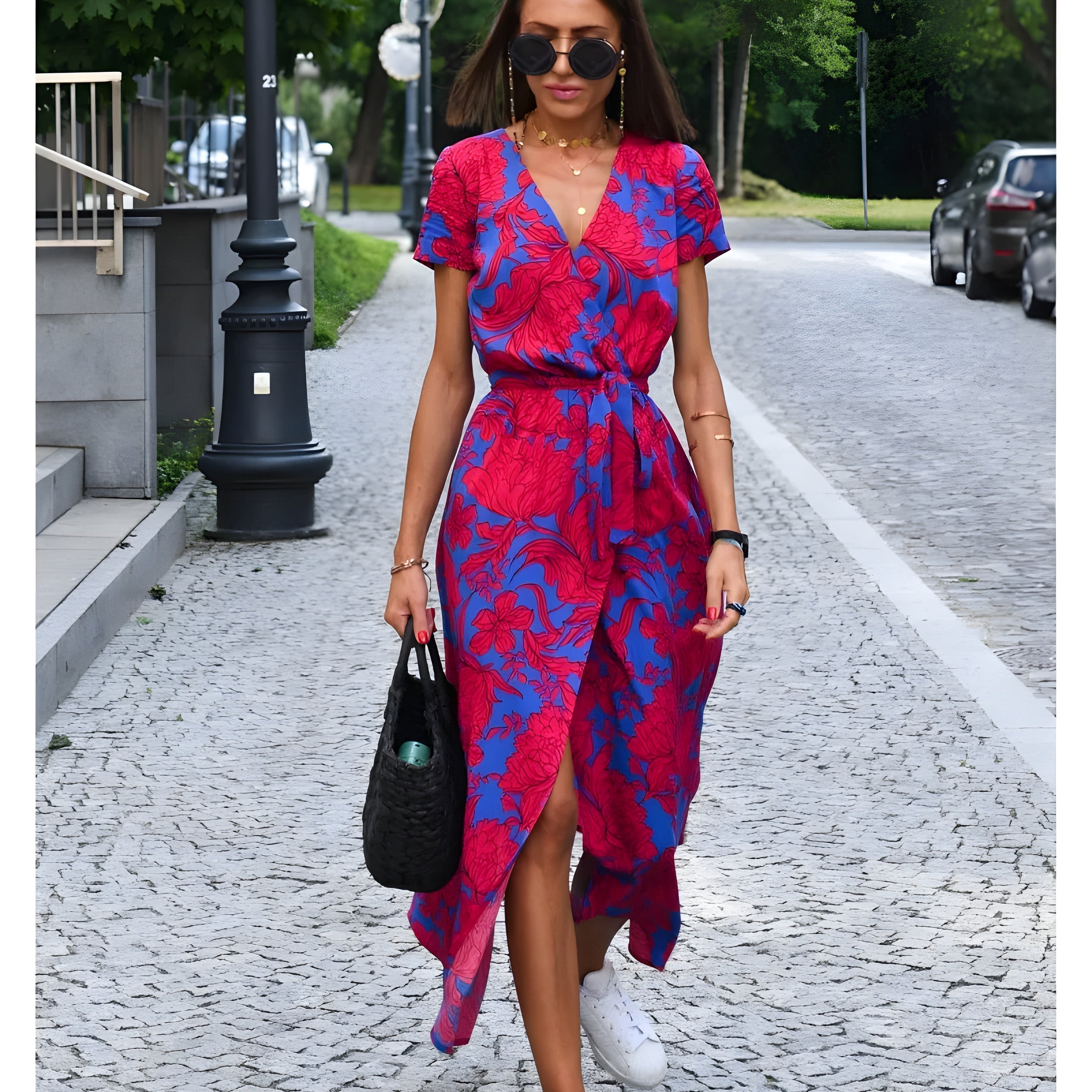 Robe Midi Femme Fleurie Cache-Cœur à Col V