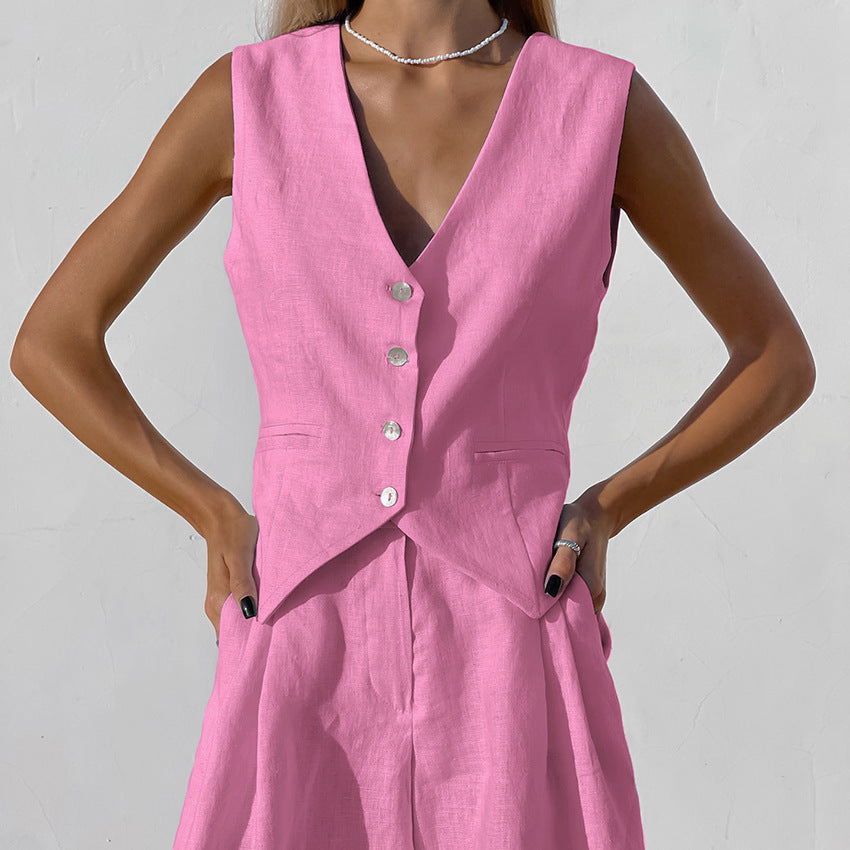 Ensemble Gilet Sans Manches Short Taille Haute Élégance Été