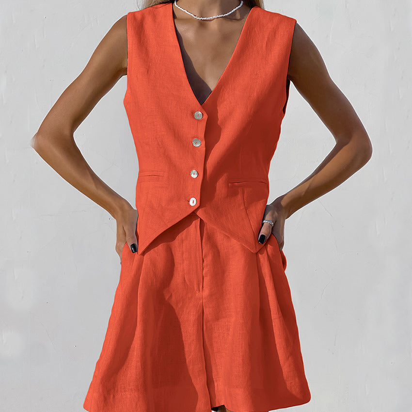 Ensemble Gilet Sans Manches Short Taille Haute Élégance Été