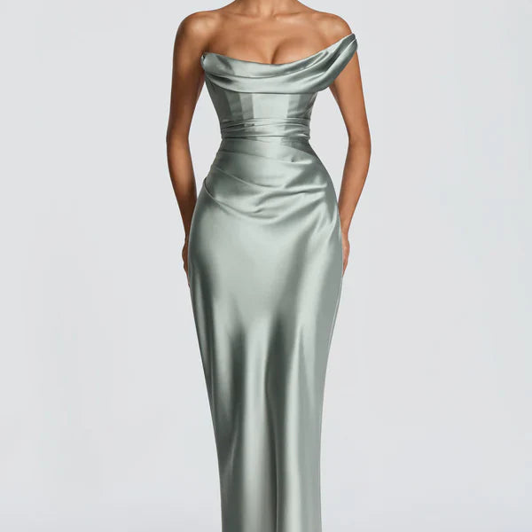 Robe Longue Satinée Col Drapé Élégance Luxe