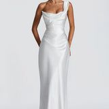 Robe Longue Satinée Col Drapé Élégance Luxe
