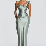 Robe Longue Satinée Col Drapé Élégance Luxe