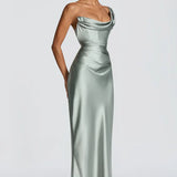 Robe Longue Satinée Col Drapé Élégance Luxe