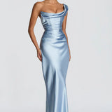 Robe Longue Satinée Col Drapé Élégance Luxe