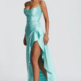 Robe Longue Satinée à Volants Asymétriques