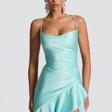 Robe Longue Satinée à Volants Asymétriques