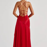 Robe Longue Satinée à Volants Asymétriques