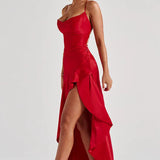 Robe Longue Satinée à Volants Asymétriques