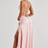 Robe Longue Satinée à Volants Asymétriques