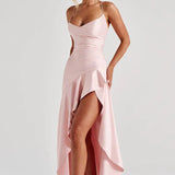 Robe Longue Satinée à Volants Asymétriques