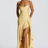 Robe Longue Satinée à Volants Asymétriques