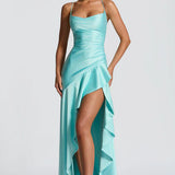 Robe Longue Satinée à Volants Asymétriques