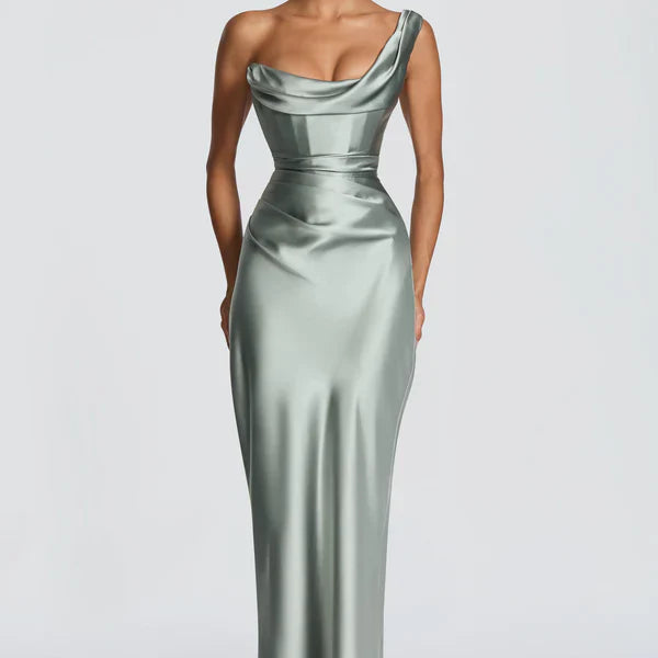 Robe Longue Satinée Épaule Dénudée Élégante