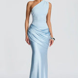 Robe Longue Satinée Asymétrique Drapée