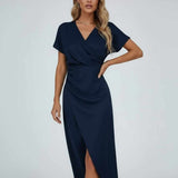 Robe midi portefeuille femme, col V et fente latérale