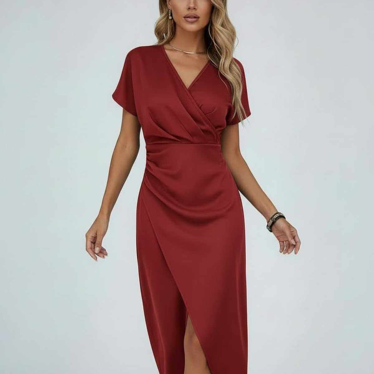 Robe midi portefeuille femme, col V et fente latérale