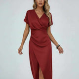 Robe midi portefeuille femme, col V et fente latérale