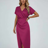 Robe midi portefeuille femme, col V et fente latérale
