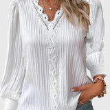 Blouse Plissée à Col V et Manches Longues