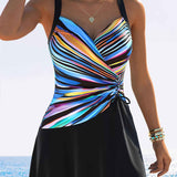 Tankini Femme Croisé à Rayures avec Jupe