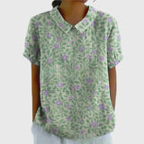 Blouse Fleurie à Col V et Manches Courtes