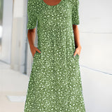 Robe Midi Évasée Imprimé Fleuri Manches Courtes Confort