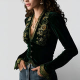 Blouse Brodée à Col V et Manches Longues