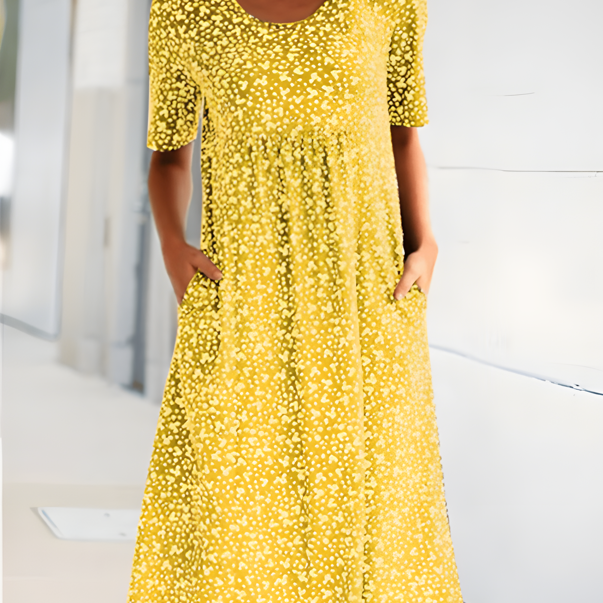 Robe Midi Évasée Imprimé Fleuri Manches Courtes Confort