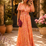 Robe Longue Fleurie Taille Élastique Manches Courtes Été Chic