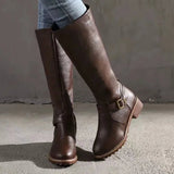 Bottes hautes en cuir à boucles et talon carré
