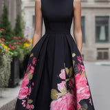 Robe midi trapèze fleurie à jupe plissée