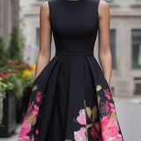 Robe midi trapèze fleurie à jupe plissée