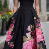 Robe midi trapèze fleurie à jupe plissée
