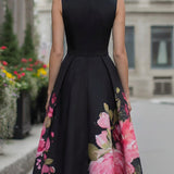 Robe midi trapèze fleurie à jupe plissée