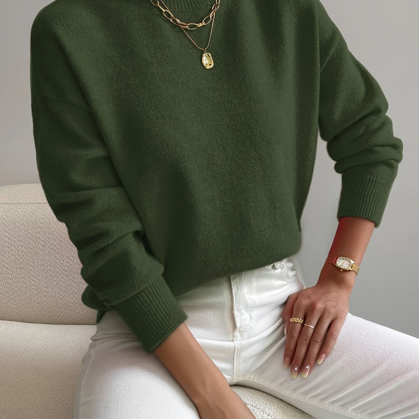 Pull femme en maille à col roulé, manches longues