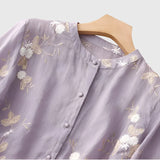 Blouse Brodée à Col Montant et Manches Trois-Quarts