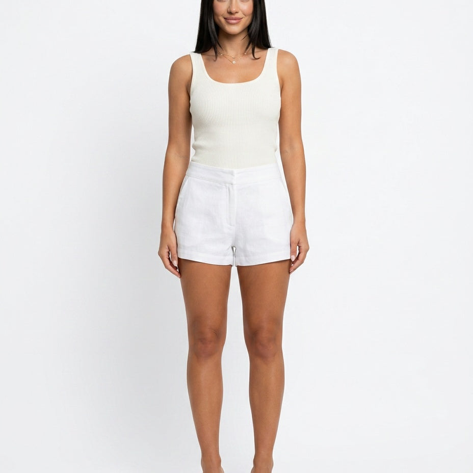 Short femme taille haute à jambe large blanc