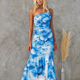 Robe Longue Fleurie à Bretelles et Volants