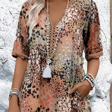 Robe Midi Fleurie Boutonnée à Manches Courtes