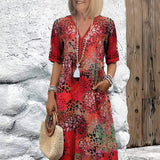Robe Midi Fleurie Boutonnée à Manches Courtes