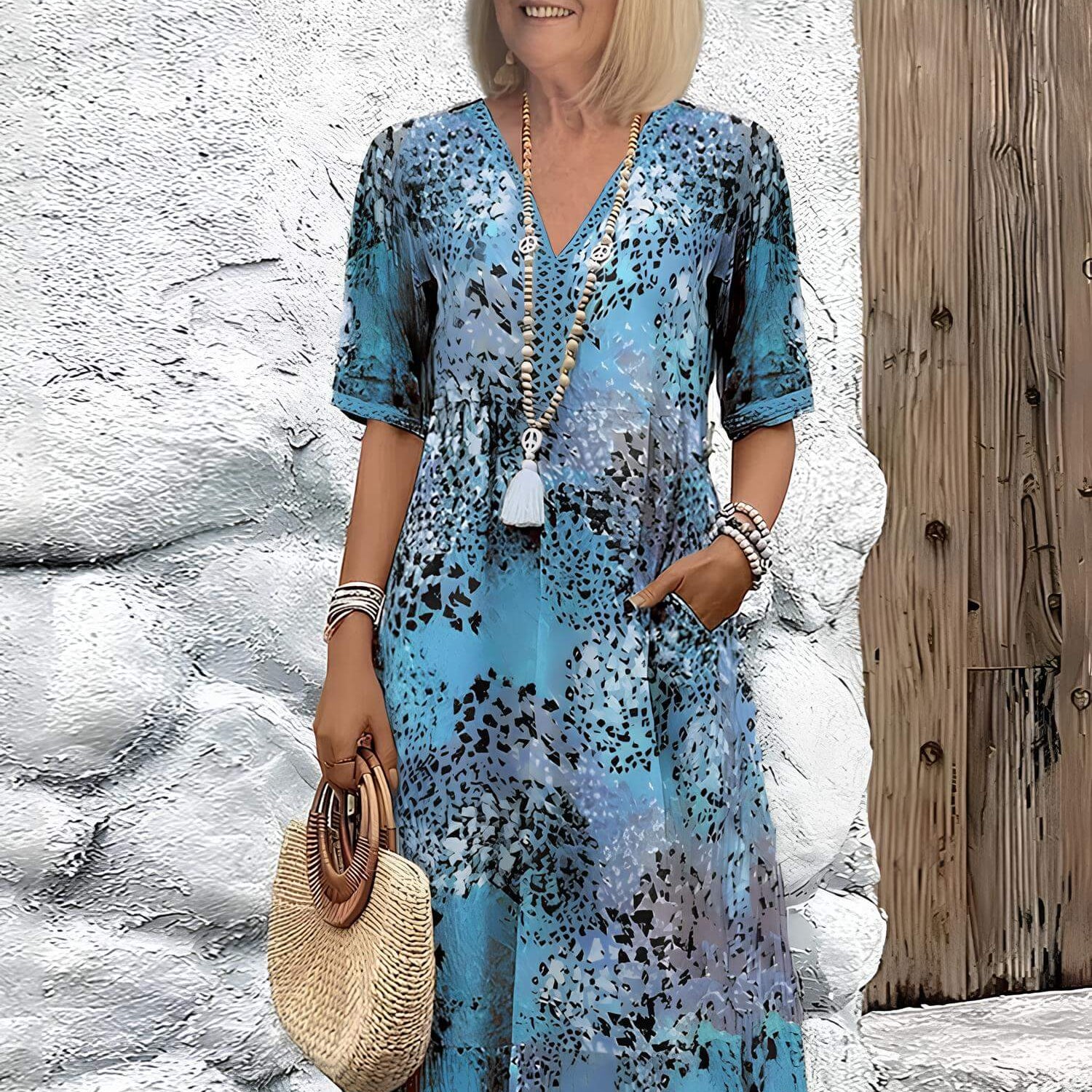 Robe Midi Fleurie Boutonnée à Manches Courtes