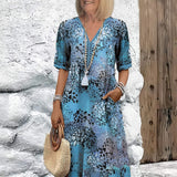 Robe Midi Fleurie Boutonnée à Manches Courtes