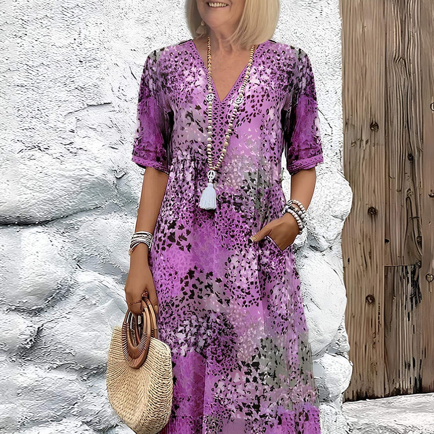 Robe Midi Fleurie Boutonnée à Manches Courtes
